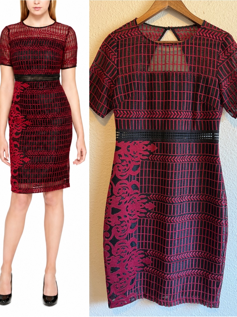 Guess Red and Black Lace Overlay Sheath Dress-size 8